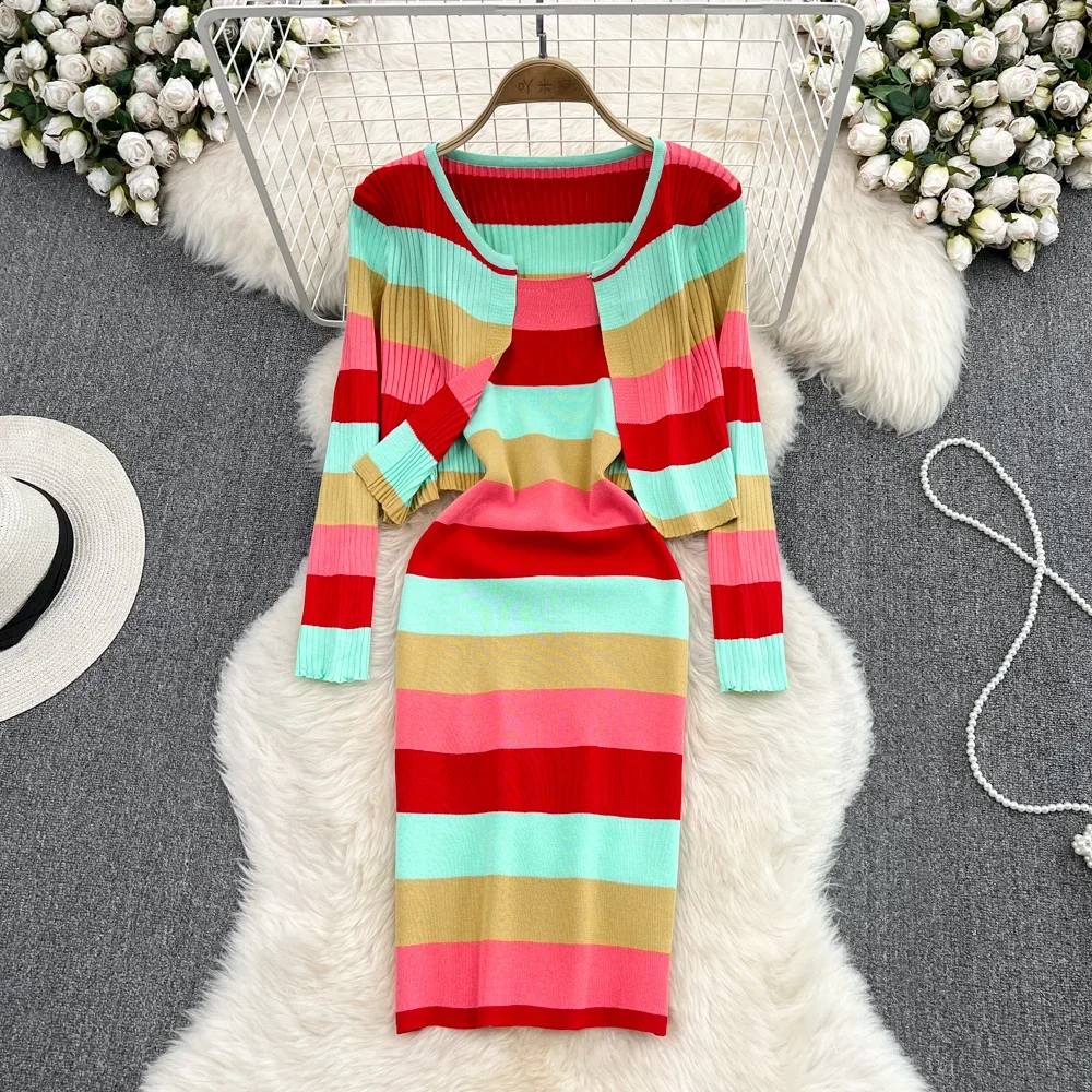 2024 New Office Lady Striped Two Piece Set Spring New Fashion Sweet Slim Chic Outfits Knitted Coats Cami Dresses