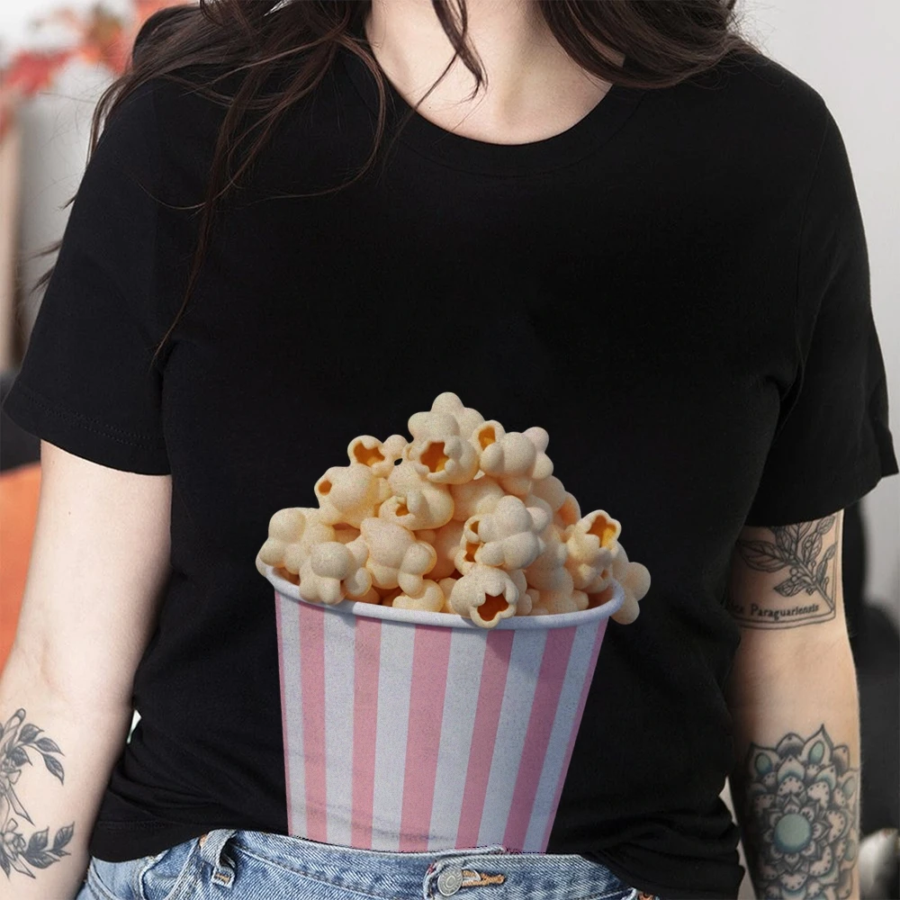 

Принт ведра попкорна, вкусная, забавная футболка с рисунком Y2k в стиле кино, хлопковая одежда, мягкая ткань для повседневных видов в кинотеатре