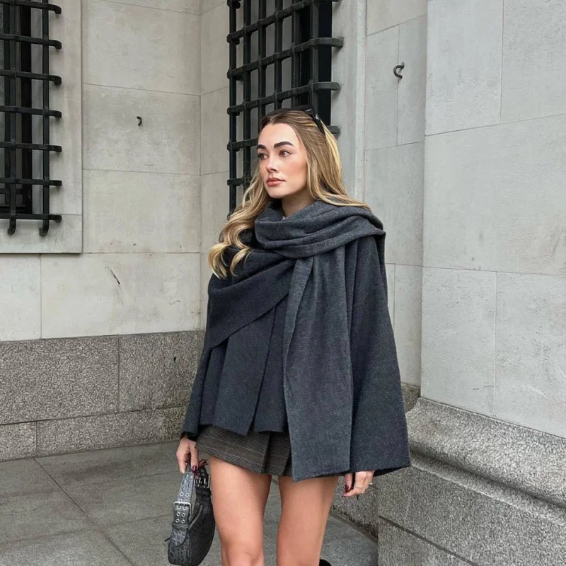 

Asymmetrical Short Sleeve Scarf Short Knit Coat Jacket2025Trendy Autumn Winter Women's Fashion New Styles