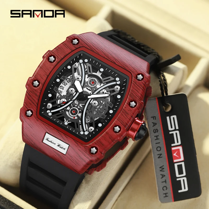 SANDA Watch for Men Luxury Tonneau Quartz Watch Man Sport Waterproof Red Clock Fashion Luminous Pointer Wristwatch Reloj hombre