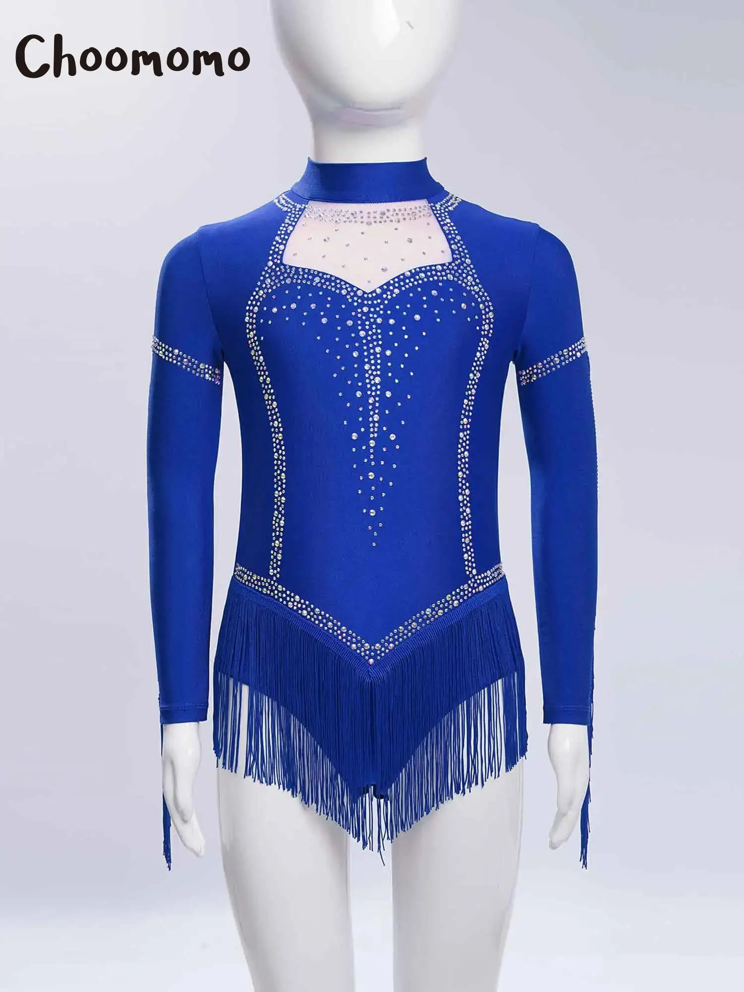 

Girls Latin Dance Leotard Dress Long Sleeve Rhinestones Tassels Cha-Cha Tango Jumpsuit Rhythmic Gymnastics Skating Costume
