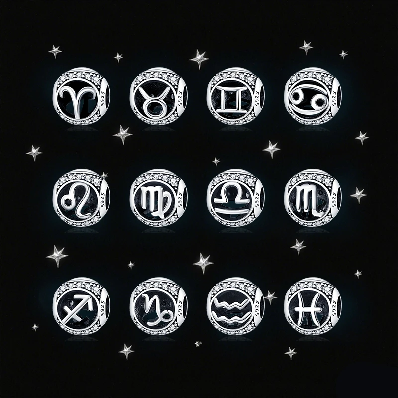 Original Charms 925 Sterling Silver 12 Constellation Round Charms Bead Fit 3mm 925 Original Bracelets Fine DIY Birthday Jewelry
