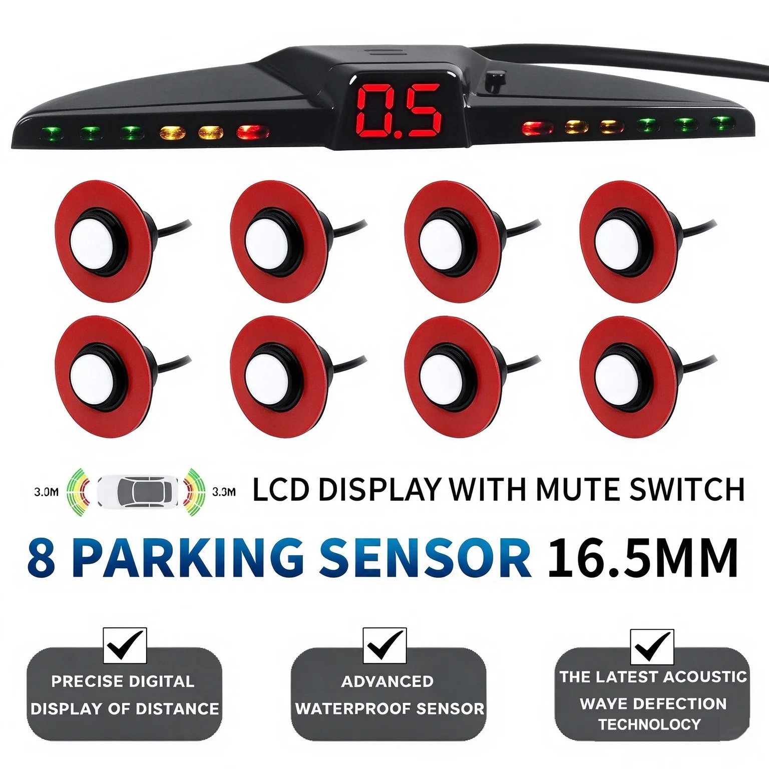 Car Parking Sensor Kit 8 Sensors front and back radar detectors Universal Buzzer Reverse Backup Sound Alert Probe System