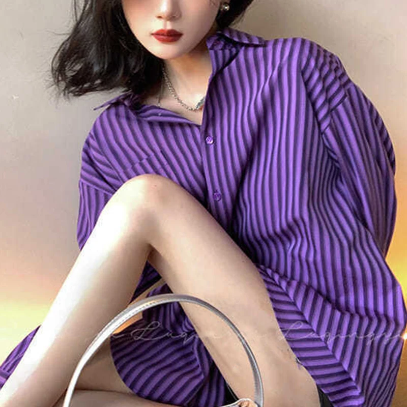 Spring Autumn Polo-neck Striped Printing Elegant Fashion Blouse Female Long Sleeve Harajuku Y2K All-match Loose Shirt Top Women