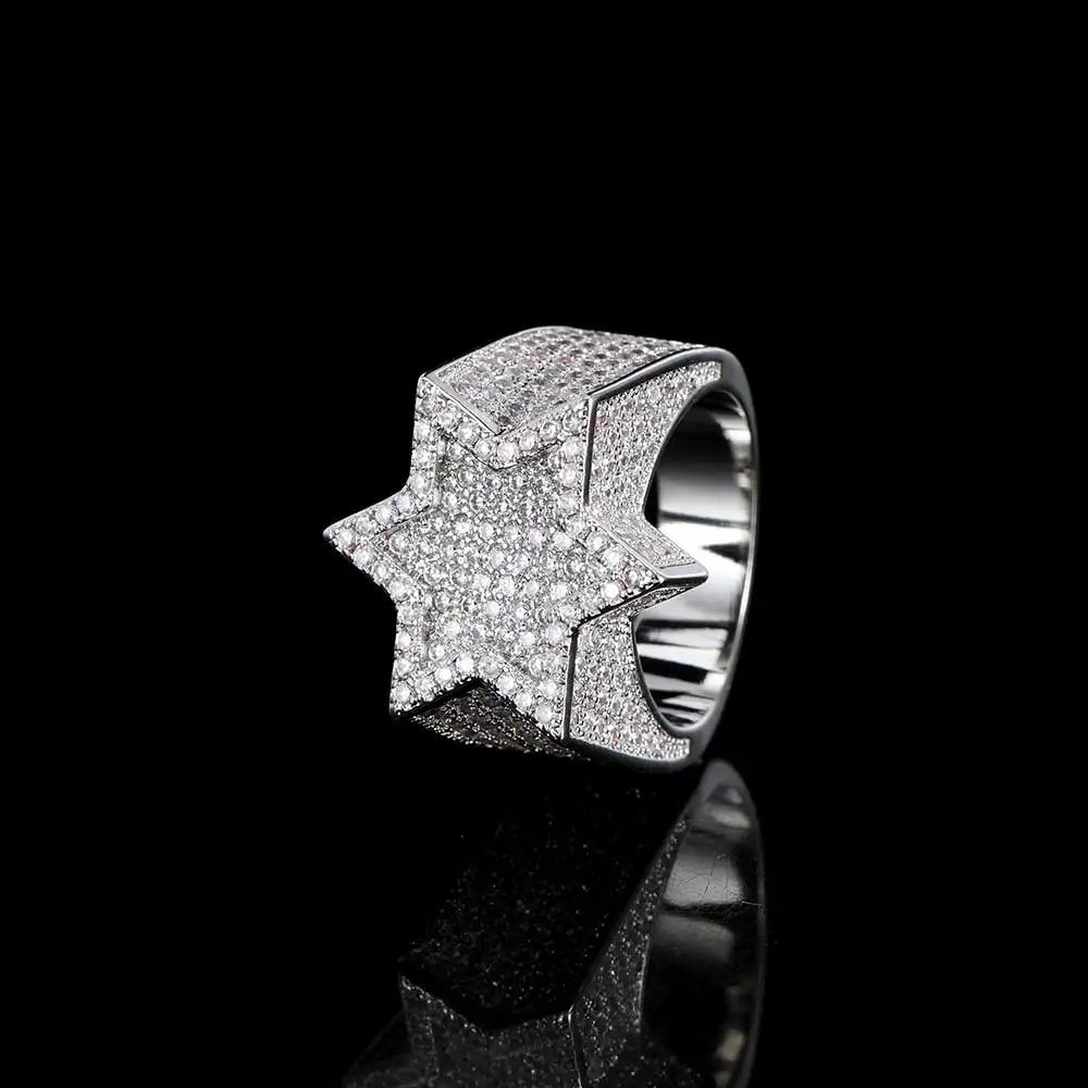 

Hip Hop All Ice Ring Jewelry Women's Hexagonal Star Shaped Brass Cubic Zirconia Micro Paved CZ Stone Men's Ring