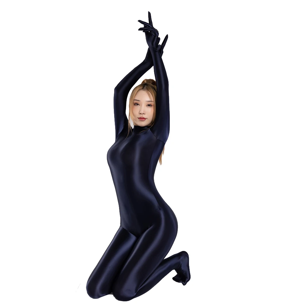 Shiny Glossy Satin Sexy Women\'s Long Sleeve Finger Gloves Zipper Back Full Length One-piece Bodysuit Silky Tights Zentai Catsuit