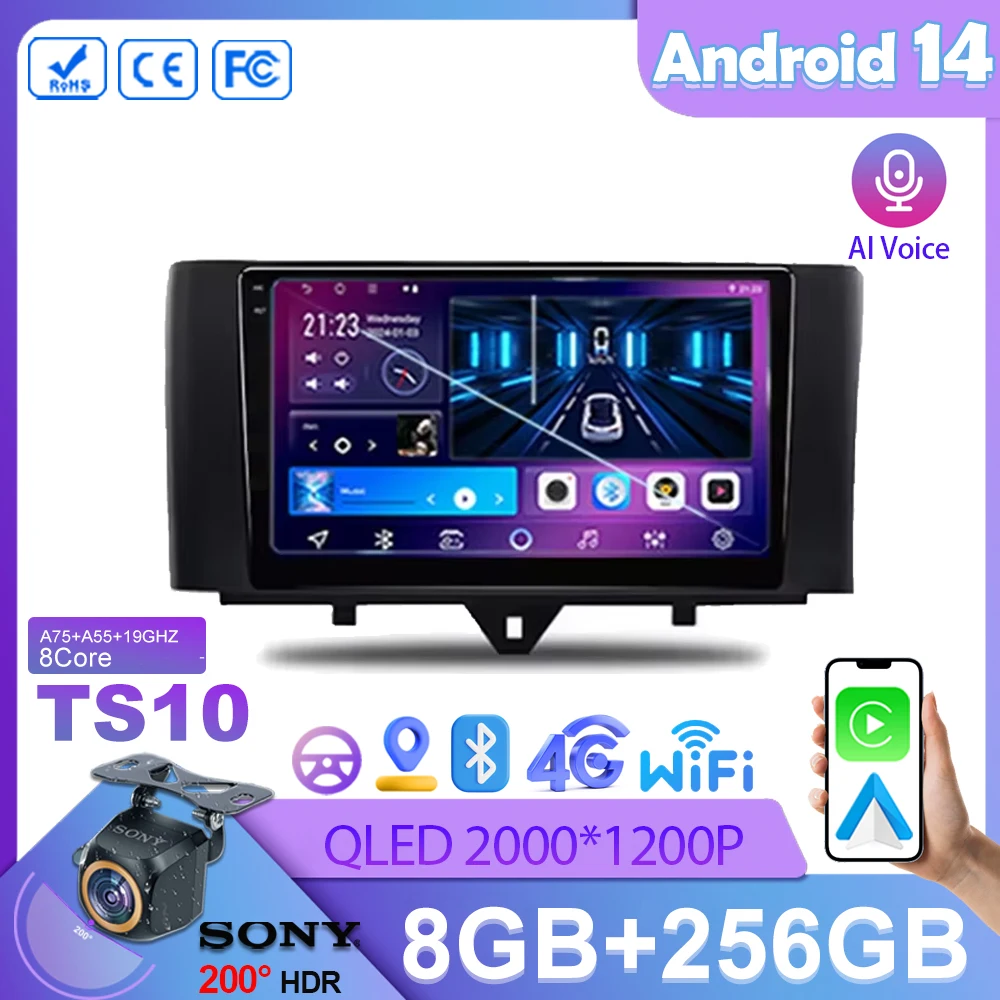 

for Mercedes-Benz SMART ForTwo Cabrio/Coupe 451 large screen 10-15 models Android 14 car radio with MIC 9 inch Wireless Carplay