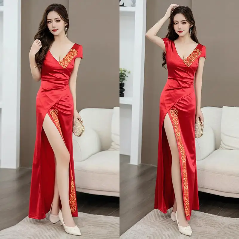 Women‘s Uniforms Staff Reception Work Clothes Beauticians Spa Therapists Massage Technicians Front Desk Sexy Slit Long Dresses