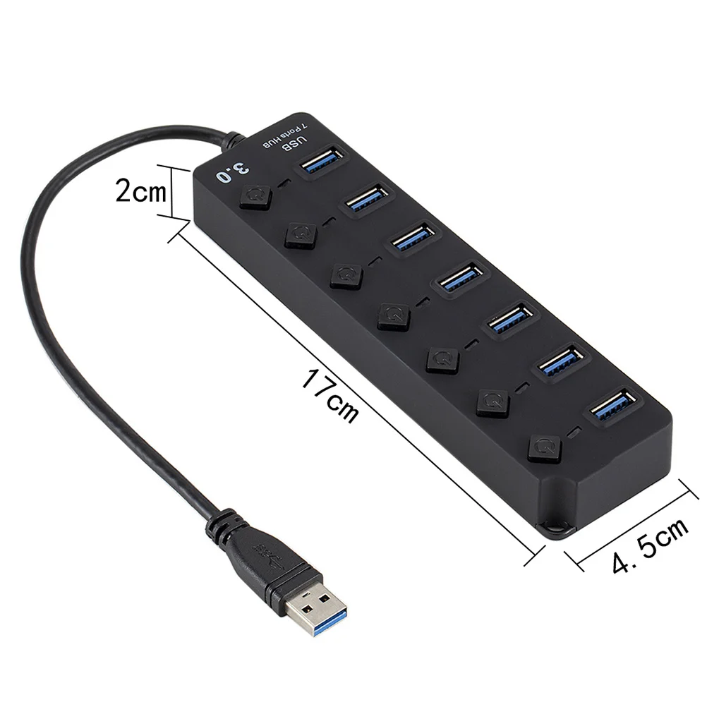 Hub 7 puertos Usb 3.0 Divisor de velocidad de puerto USB alto con interruptores individuales para computadora portátil Pc Tablet Teléfono Negro
