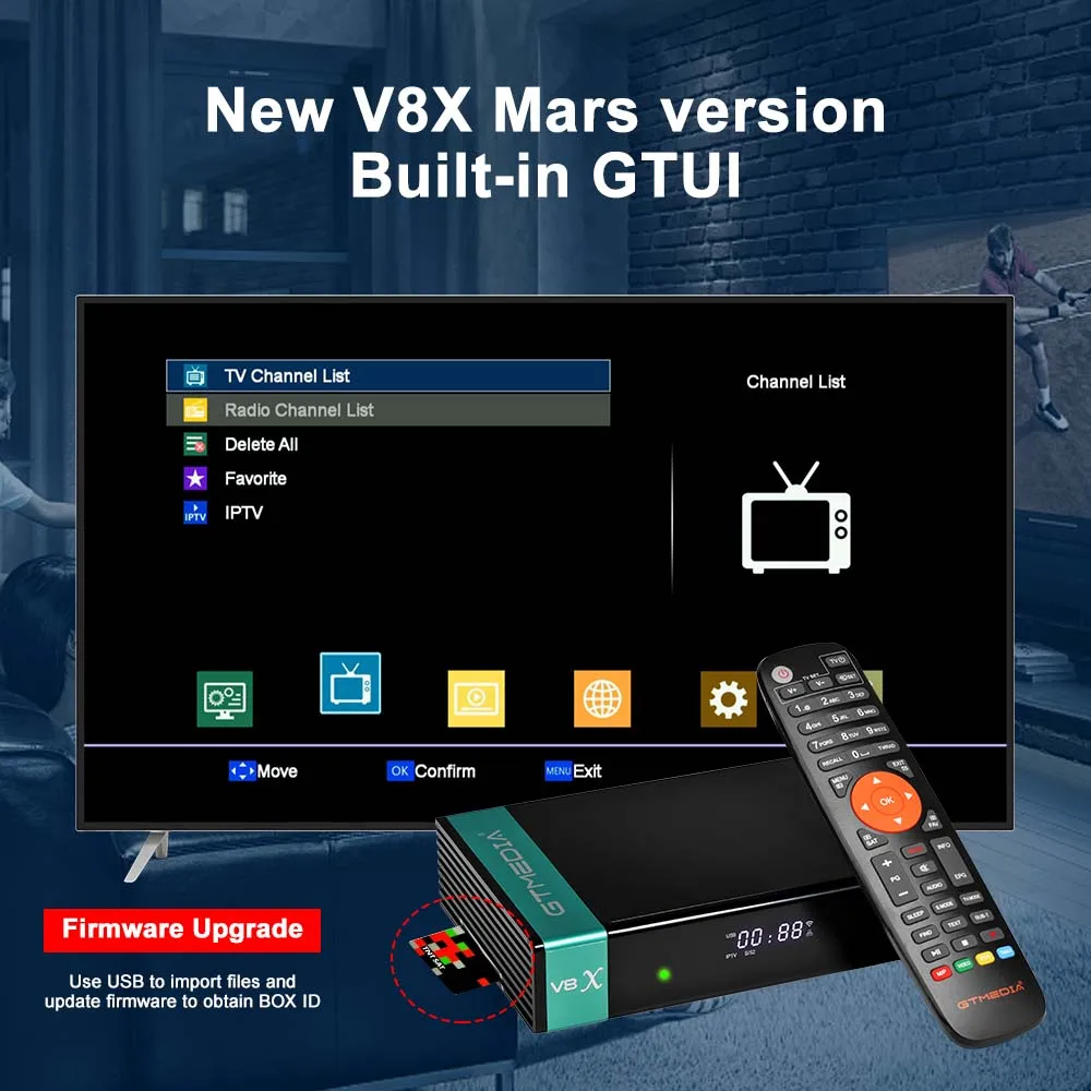 GTMEDIA V8X Mars Satellite Receiver，DVB-S/S2/S2X AVS+ Built-in 2.4G WIFI H.265 Support BISS auto roll，Support M3U GTVOD+Mars V8X