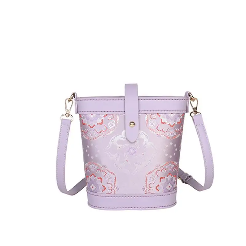 DIY Knitted Bag - Pink Vintage Pattern Shoulder Bag With Slanted Strap, PU Leather Silk Scarf Bucket Bag - view 5