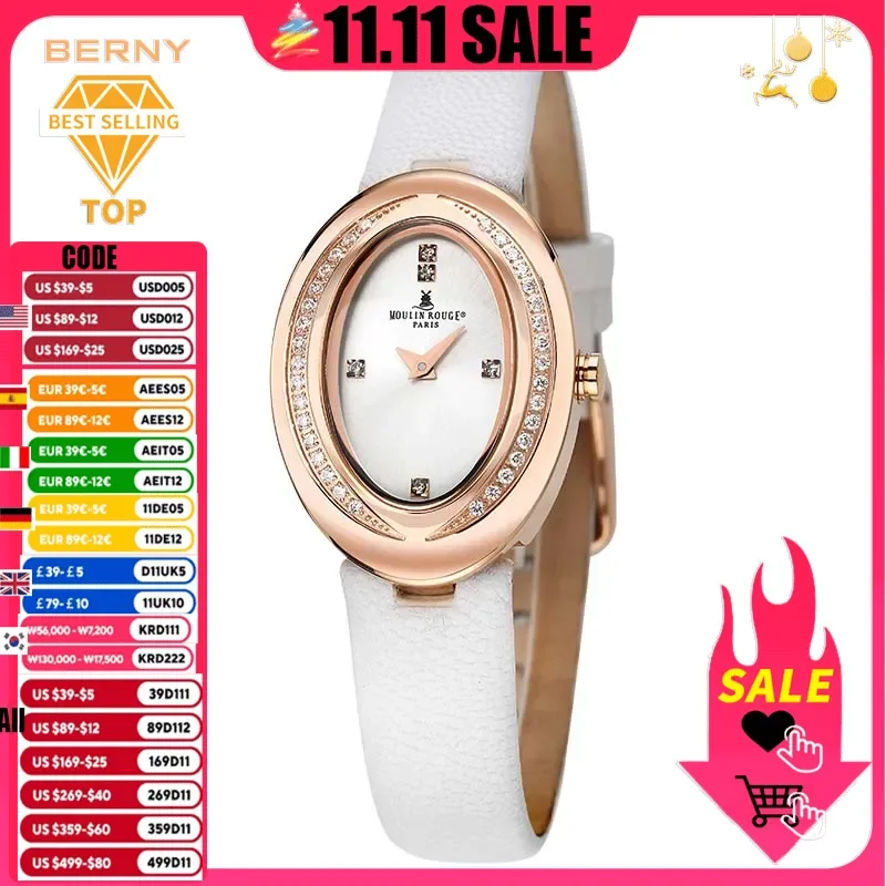 BERNY Oval Woman Watch Quartz Japan Movement Crystals Clock Female Genuine Leather Strap Dropshipping Waterproof Wristwatch Lady