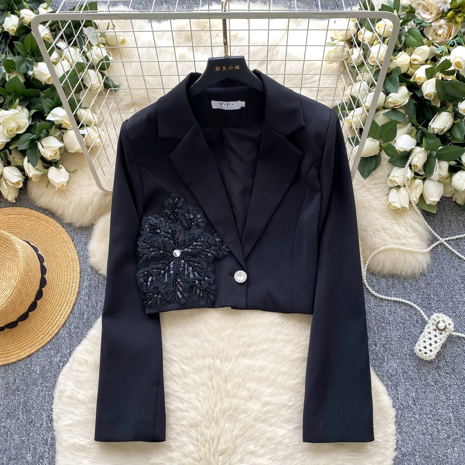 Spring Autumn Sequin Nail Bead Three-Dimensional Flower Long Sleeved Suit Jacket Women Blazers