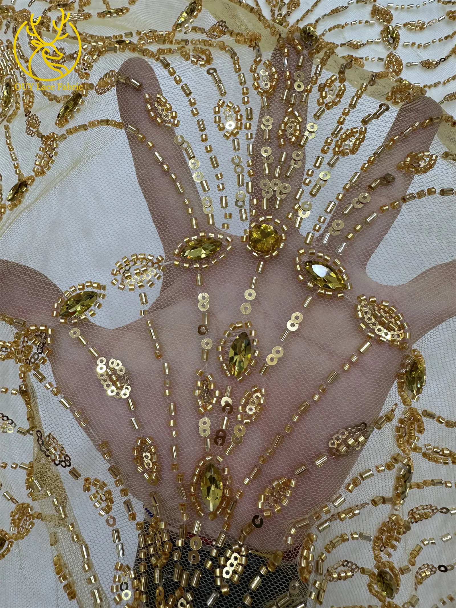 Nigerianischer Luxus-Edelstein-Perlen-Spitzenstoff 2026 Grüner französischer Pailletten-Spitzenstoff Afrikanischer Spitzenstoff für Abendkleider zum Nähen – Detail 13