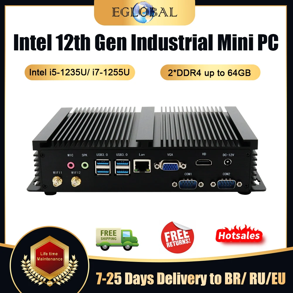 

Процессор Eglobal Fanless промышленный мини-ПК 12-го поколения i5 1235U i7 1255U промышленный компьютер 2 COM 1 LAN HDMI VGA двойной дисплей 4K HD