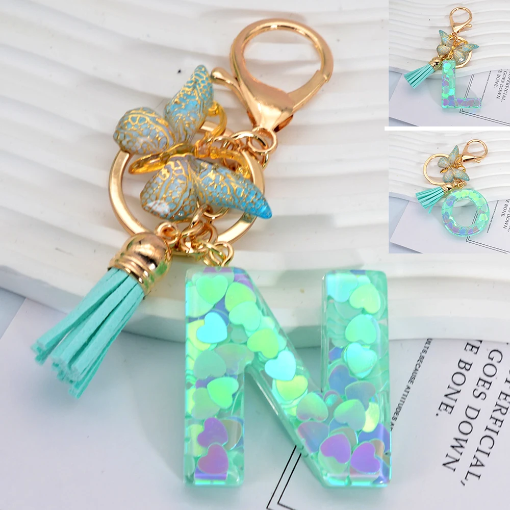 26 Initials Green Heart Shaped Sequin Filled Resin Keychain Tassel Butterfly Pendant Sparkling A to Z Keyring for Car Key Holder