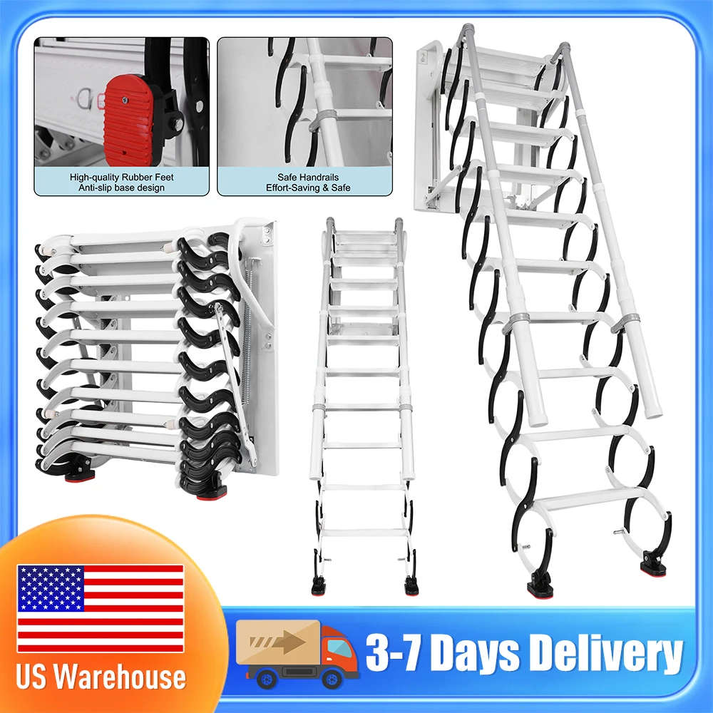 

10/12 Steps Pull Down Attic Stairs Wall Mounted Folding Loft Ladder Extension Steps Ladder with Armrest Folding Loft Staircase