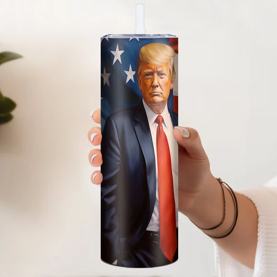 20oz Stainless Steel Straight Tumbler Straw Lid 3D Print Trump & USA Flag Skinny Straight Outdoor Travel Tumblers Memorial Items