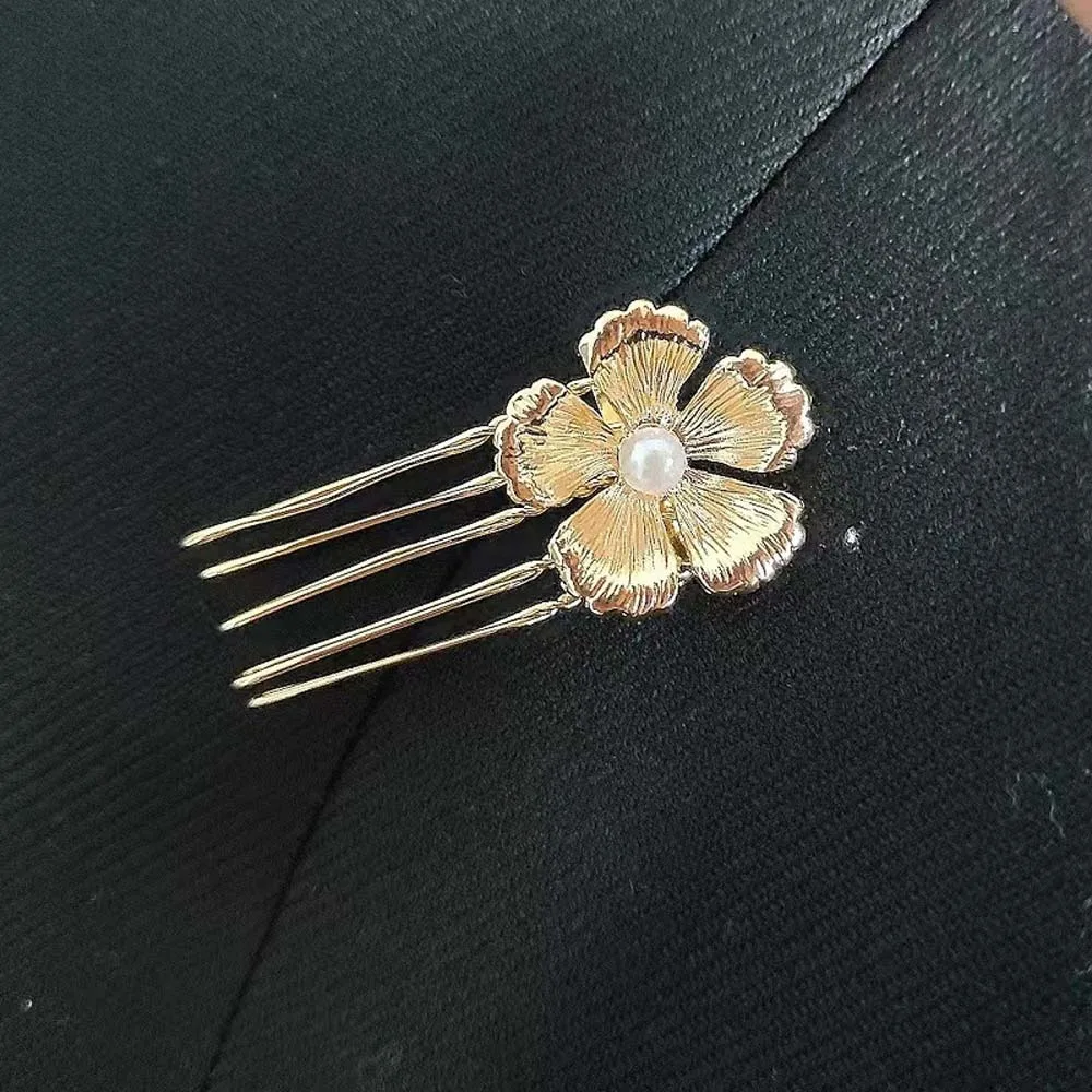 5pcs Elegant Golden Flower Hair Forks Hairstyle Tools Retro Pearl Side Clips Hair Accessories French Style Wave Alloy Barrettes