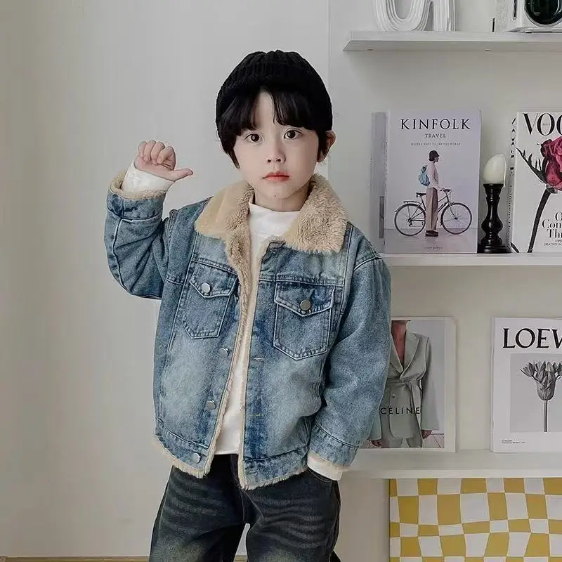 

2026 New Boys' Casual Warm and Thick Velvet Coat Autumn and Winter Children's Denim Jacket 110-160cm