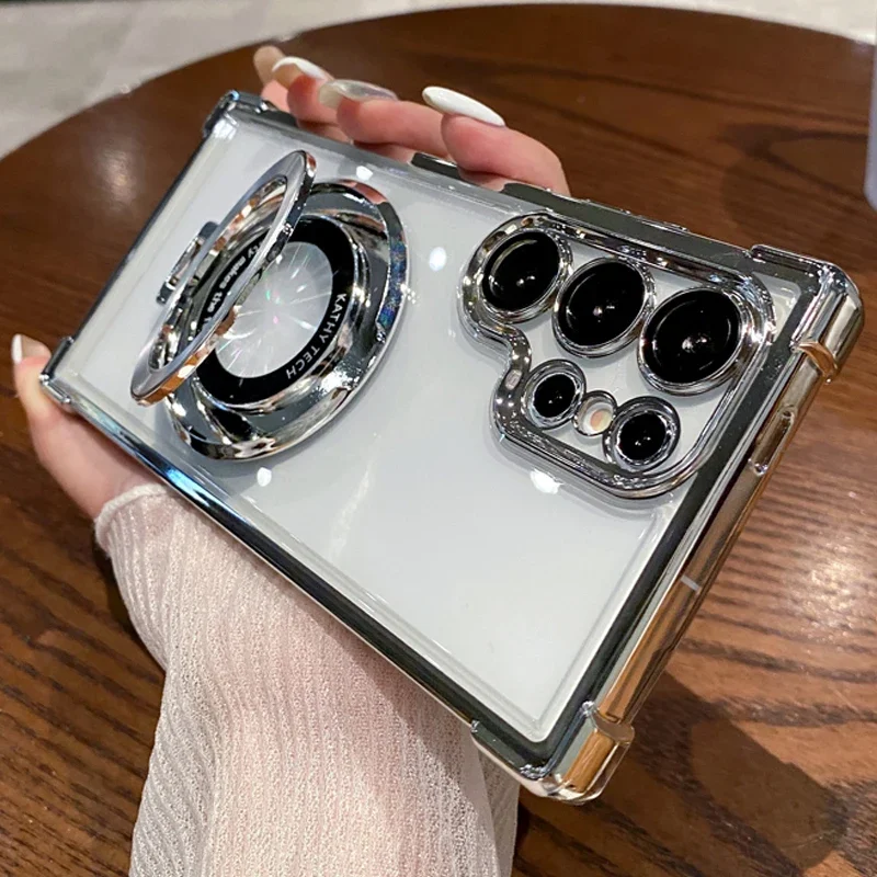 Funda transparente a prueba de golpes con soporte chapado magnético de lujo para Samsung Galaxy S25 S24 Ultra S23 S22 Note 20 10 Plus, funda trasera acrílica