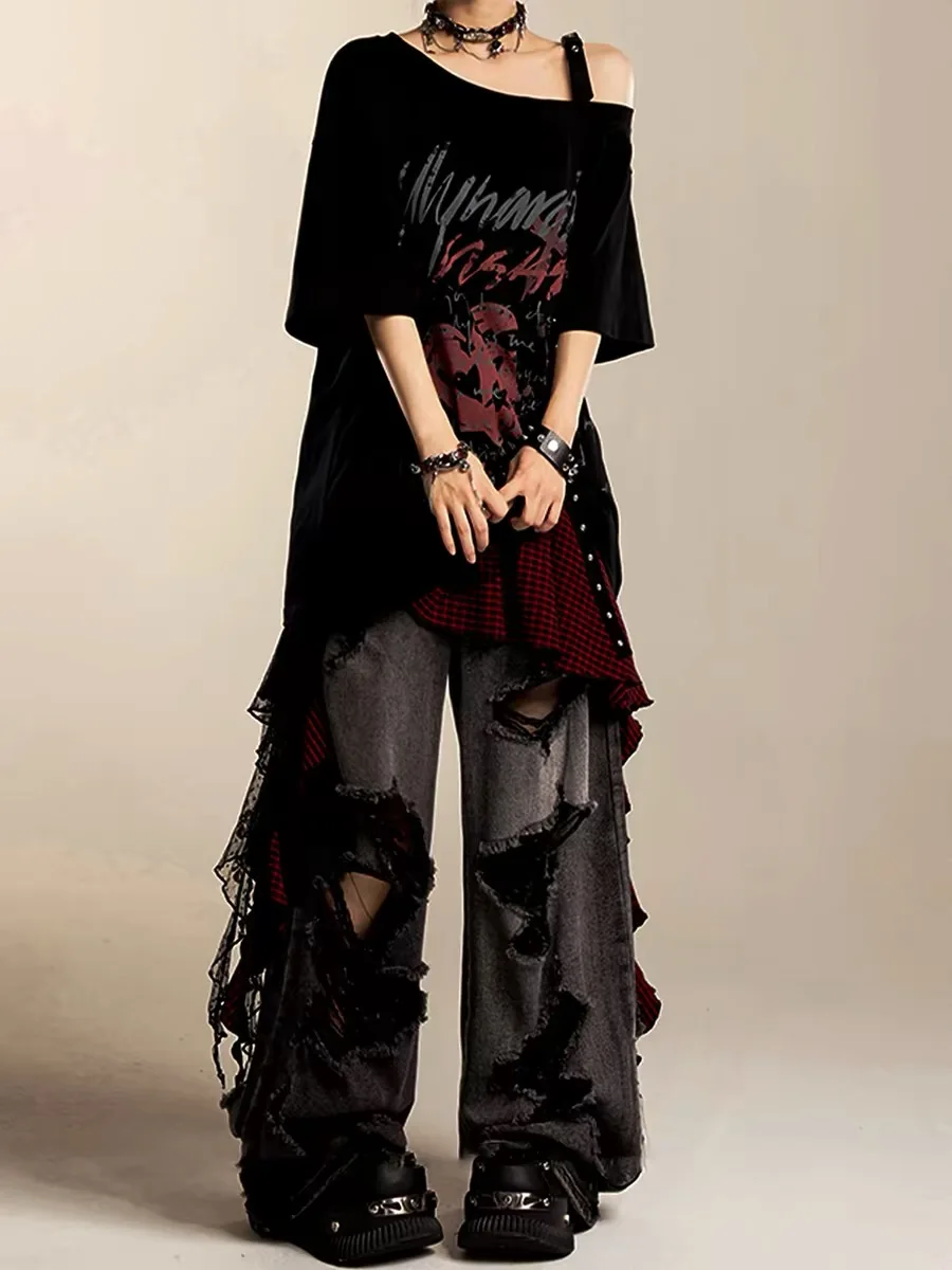 Original Heavyweight Black Grey Wide Leg Jeans Women Loose Bf Lazy Draped Large Size Floor-Length Denim Trousers High Waist Z...
