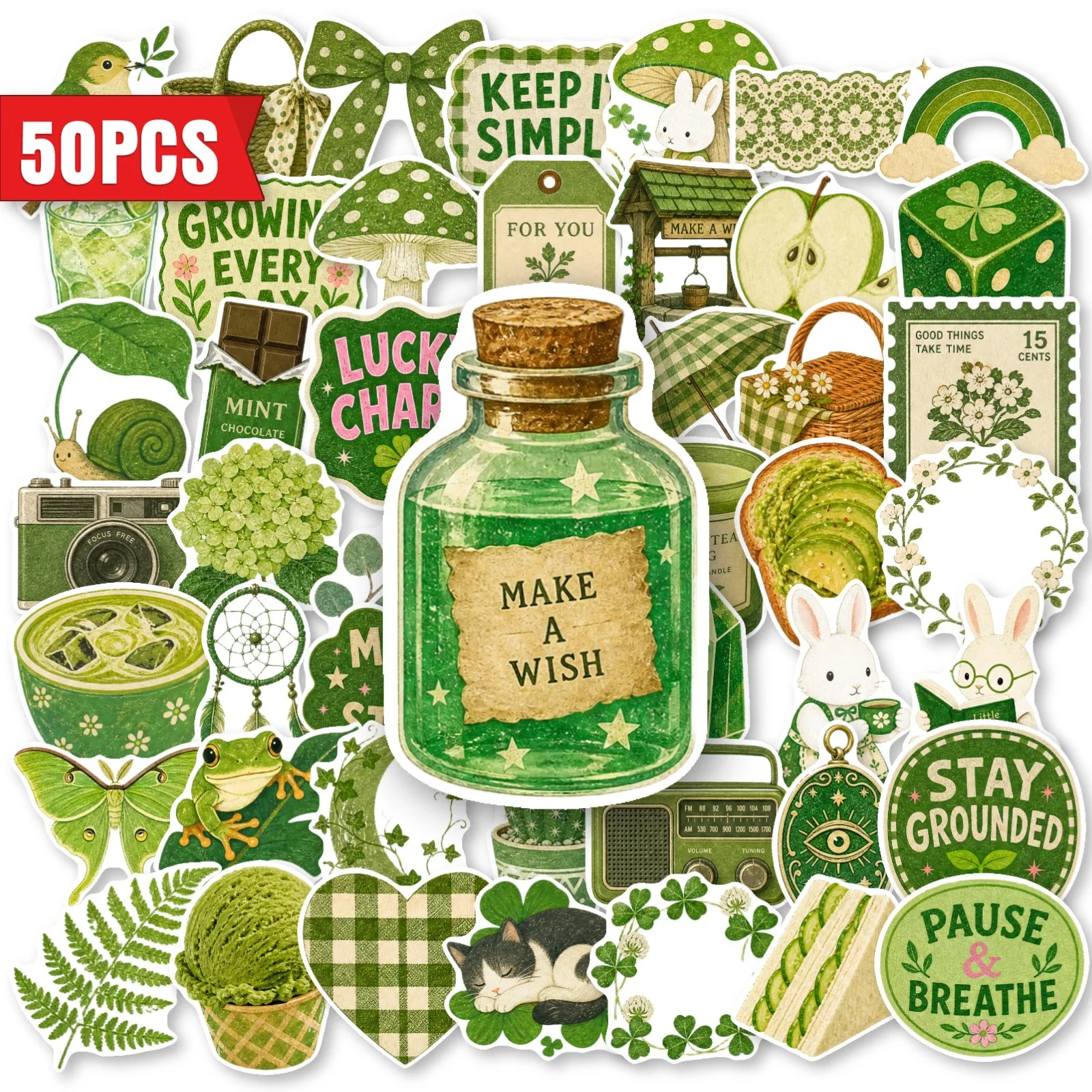 50 PCS Ins Fresh Retro Green Mix Match Hand Account Material Stickers Decorate Scrapbook Laptop Waterproof Decals