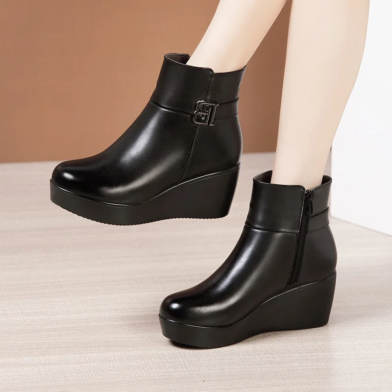 High quality short ankle wedge leather boots for women 6cm mid heel platform 32 33 34 autumn winter fashion elegant shoe black