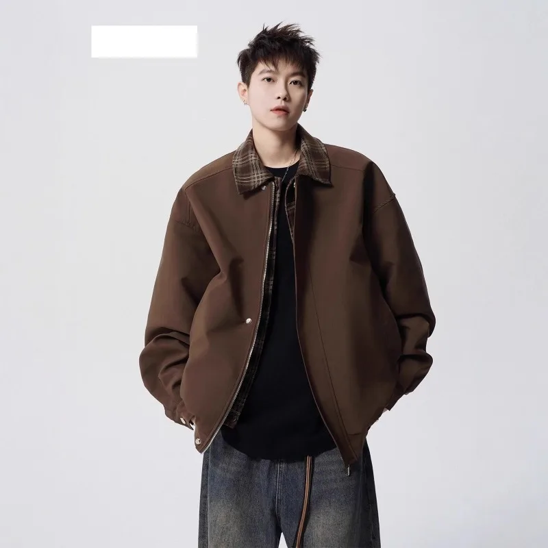 

American Fake Two-piece Jacket Men's Spring Autumn New Trendy Brand Checkered Patchwork Jacket High Street Loose Casual Men Wear