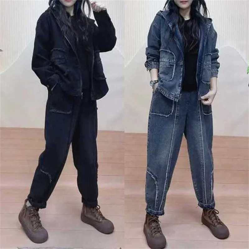 2024 Autumn Hooded qDenim jacket Suits Wear Hooded Denim Coat Fashion Set Women's Spring New Coat casual Jeans Two-Piece Sets view 6