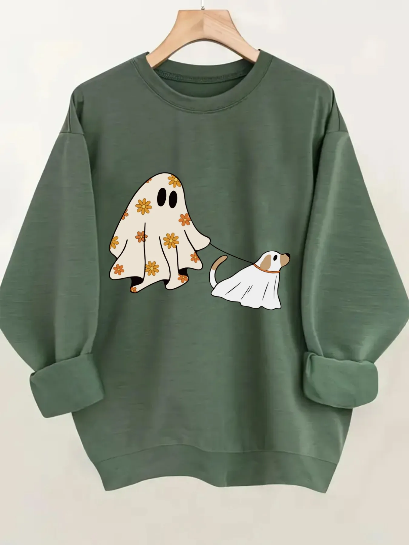 Women's Crewneck Pullover Sweatshirt Ghost Dog Print Design, Soft Casual Long Sleeve, Daily Casual Top Outfit, Winter Women's Clothing, Halloween Costume Outfit