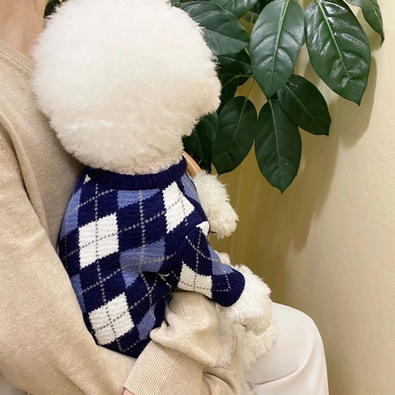 Pet Dog Knitted Sweater Pomeranian Plaid Shirt Winter Puppy Clothes Poodle Warm Feet Clothes Teddy Jumper XS-XL