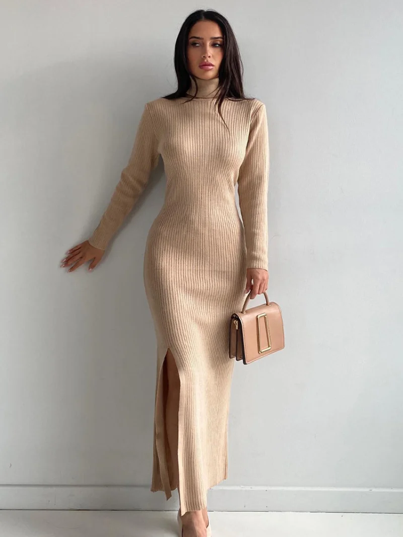 High-neck Split Knit Dress Long-sleeved Sexy Pit Strip Tight Buttock Sweater Dress for Women