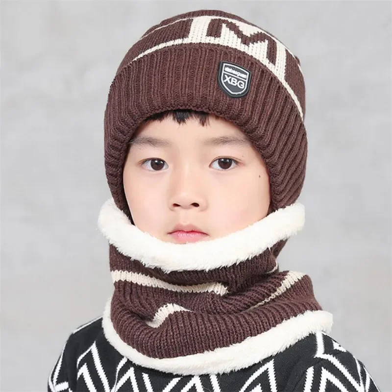 Child Winter Knitted Hat Scarf Boy Girls Outdoor Warm Plush Beanies Hat 2 Piece Sets Kids New Letter Cap And Stripe Scarves