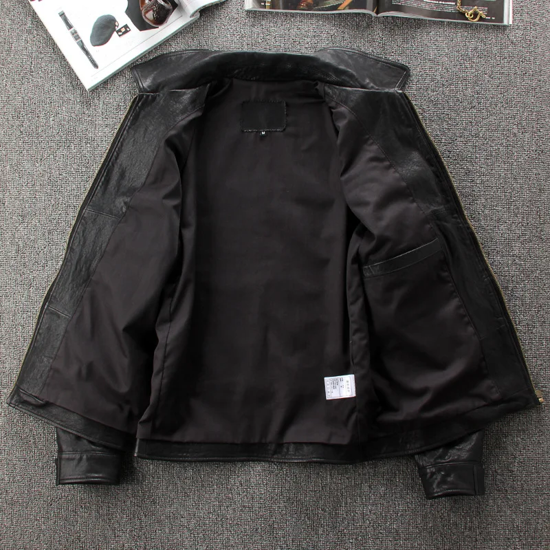 جديد معطف جلد طبيعي الرجال كامل جلد الغنم بدوره إلى أسفل طوق دراجة نارية معطف جلد #3