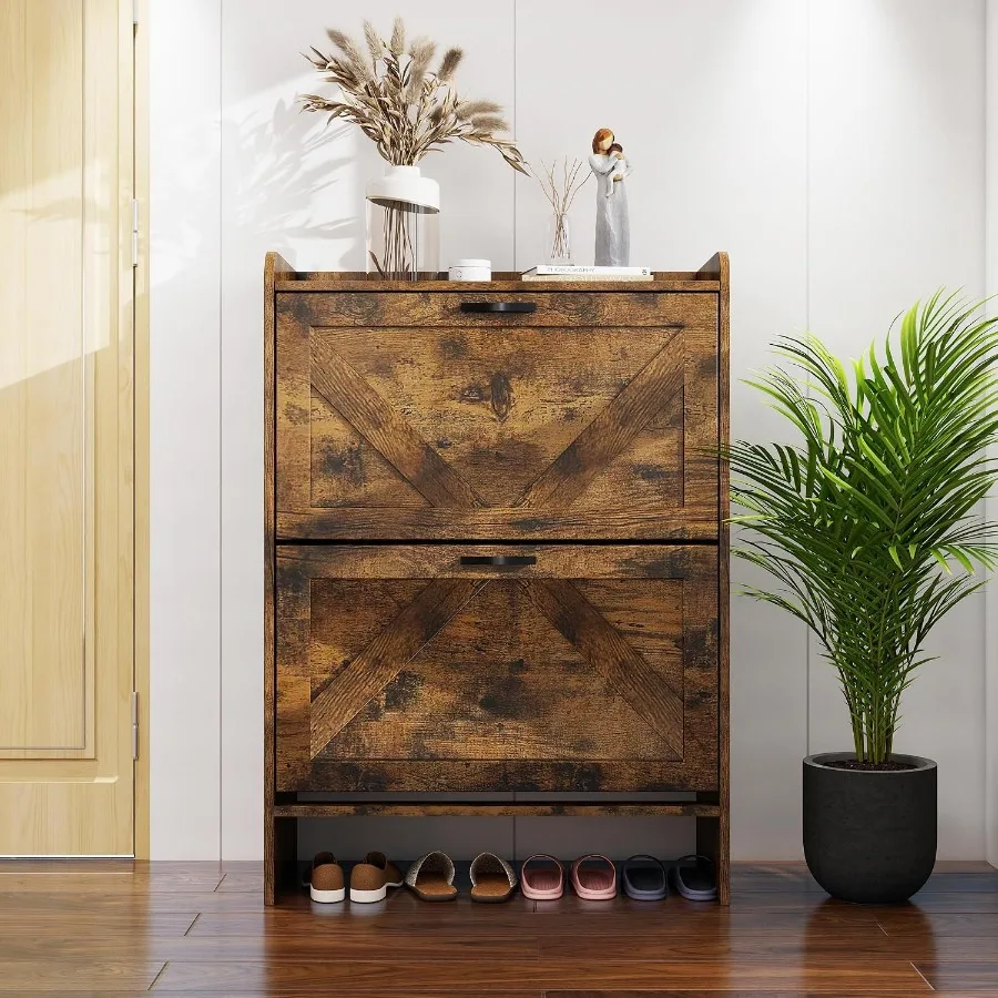 Shoe Cabinet with 2 Flip Drawers, Shoe Cabinet Storage for Entryway with Wider Adjustable Shelf, Hidden Freestanding Farmhouse