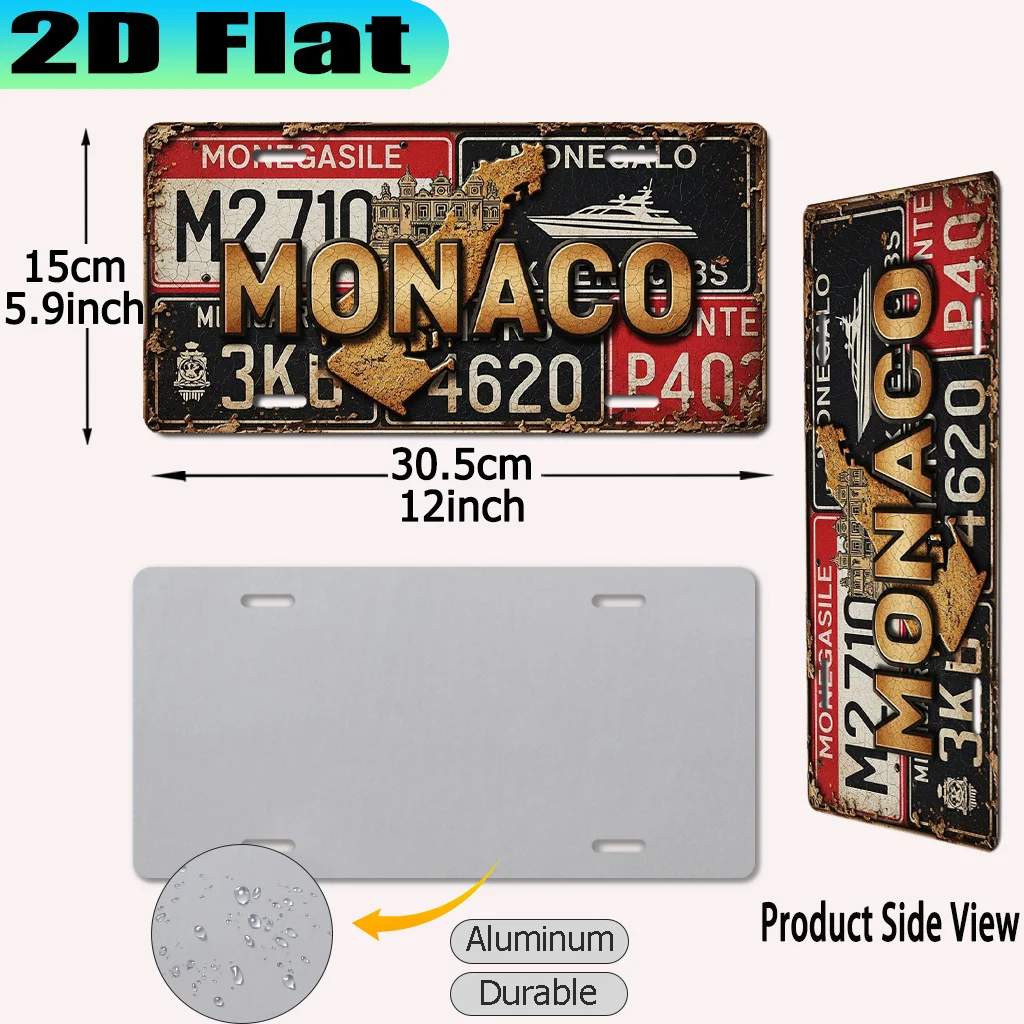 [2D Flat] 1pc Aluminum Material for Decorative Use Only, License Plate Cover & License Plate Frame, Monaco Vintage Aluminum Sign