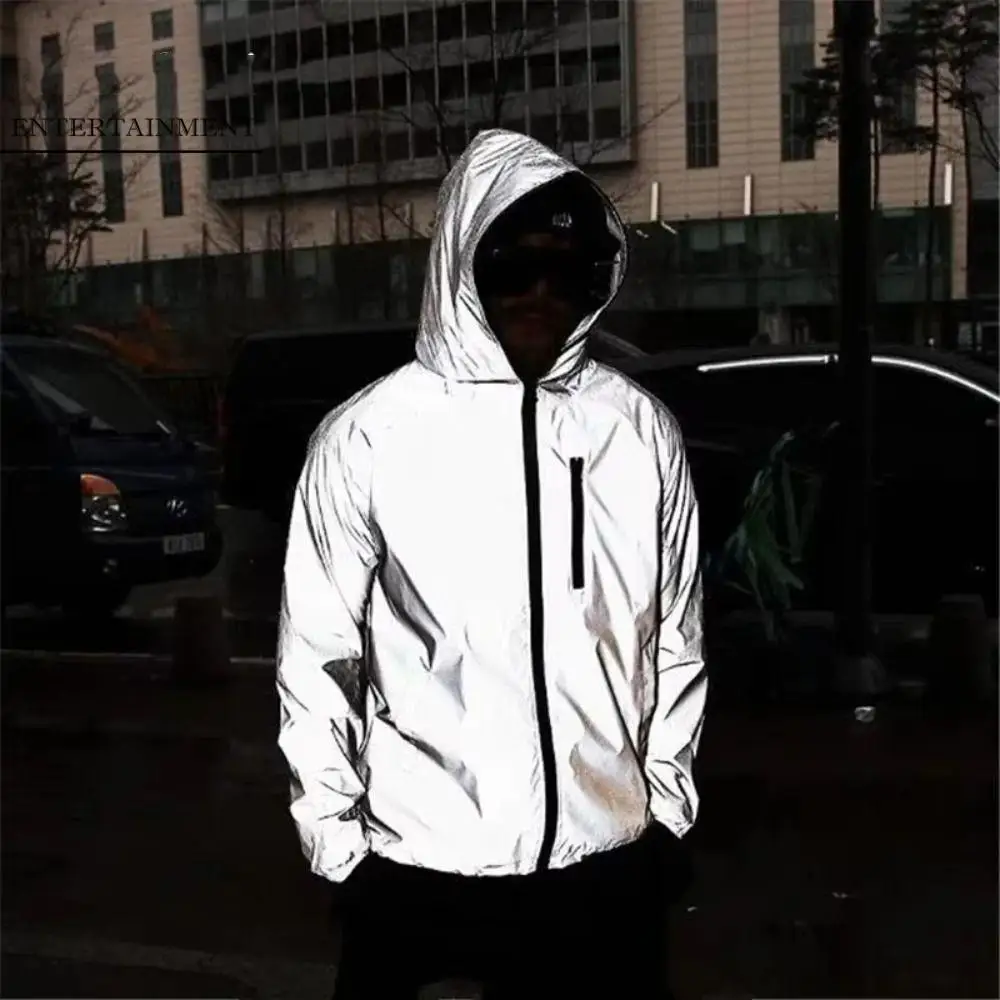 

Night Warning Reflective Jackets with Chest Pocket Windproof Hooded Jacket Spring/Autumn High Street Reflective Windbreaker