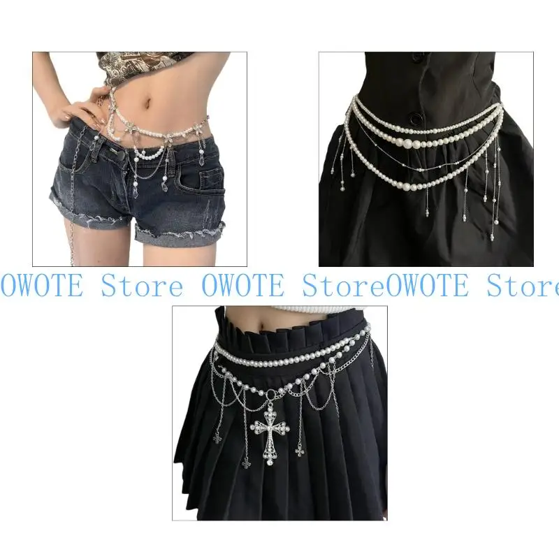 

652F Trendy Long Metal Pearls Waistband Silver Hip Belly Chain for Women Perfect for Sweater Dresses and Rave Outfits