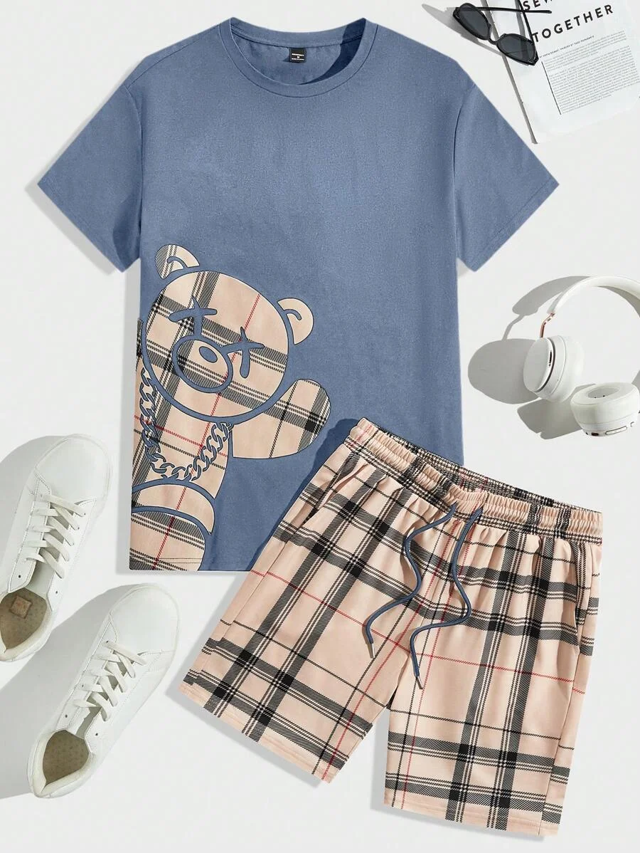 Men's color blocking set summer fashion teddy bear round neck short sleeved T-shirt Hawaii vacation casual set men's drawstring