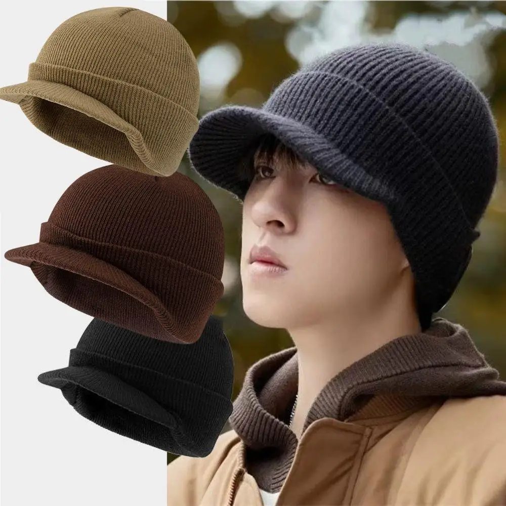 

Autumn Winter Knitted Hats Unisex Short-brimmed Woolen Army Peaked Caps Fashion Versatile Warmer Bonnet With Short-brim Women