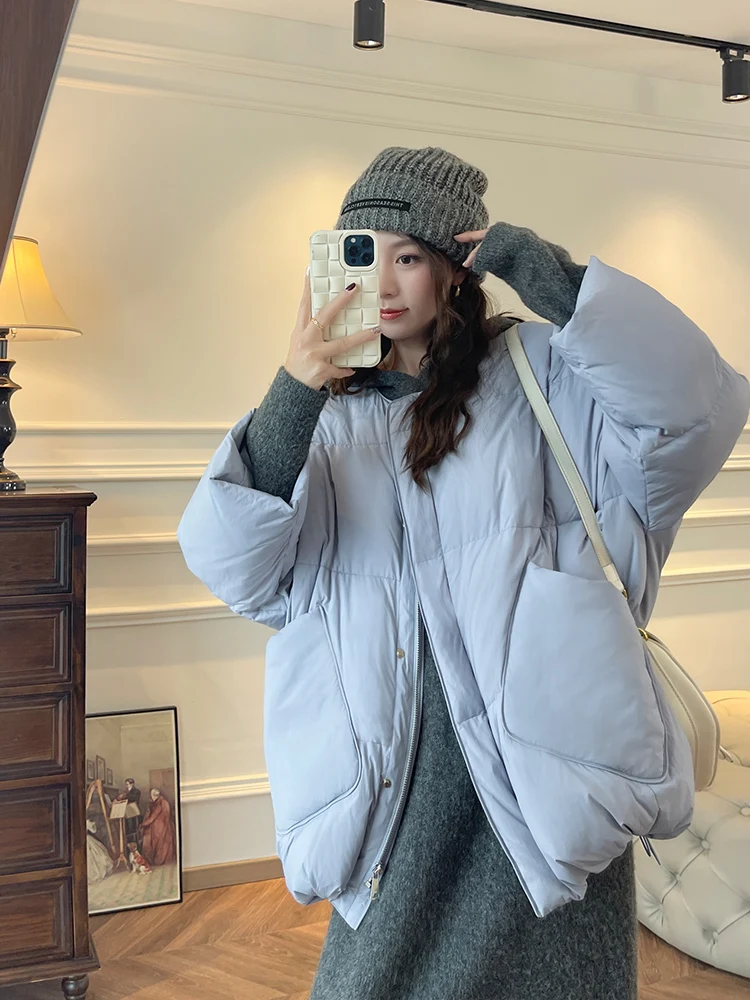 

Faionable ort Puffer Jaet with Scarf Du down Women's Coat Milk Blue Korean Sle Commute Wind Thiened Nylon