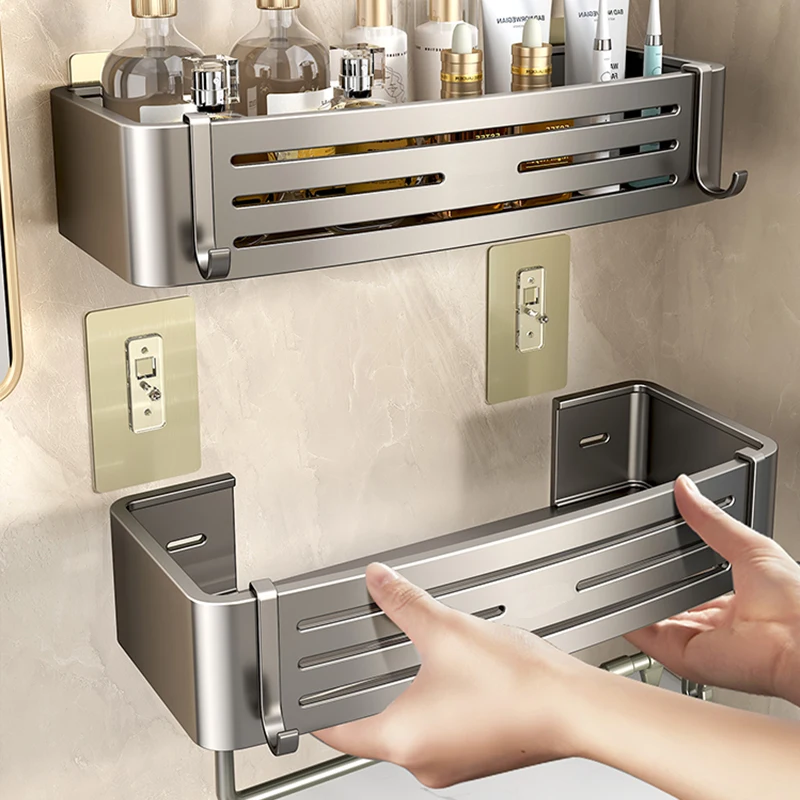 No-Drill Bathroom Shelf Shelves Shampoo Makeup Storage Holder Kitchen Organizer Wall Mounted Bathroom Accessories Aluminum Alloy