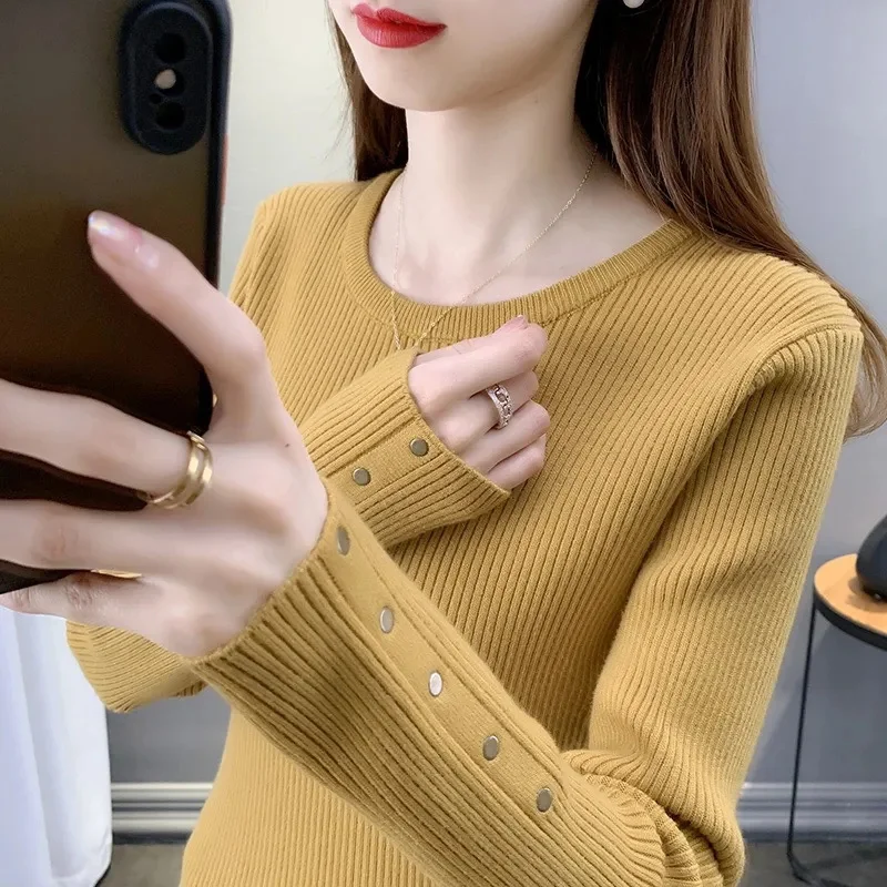 Fashion Women Long Sleeve Knitted Sweaters Spring Autumn New Solid Slim O-Neck Korean Basic Casual Bottoming Pullovers Tops