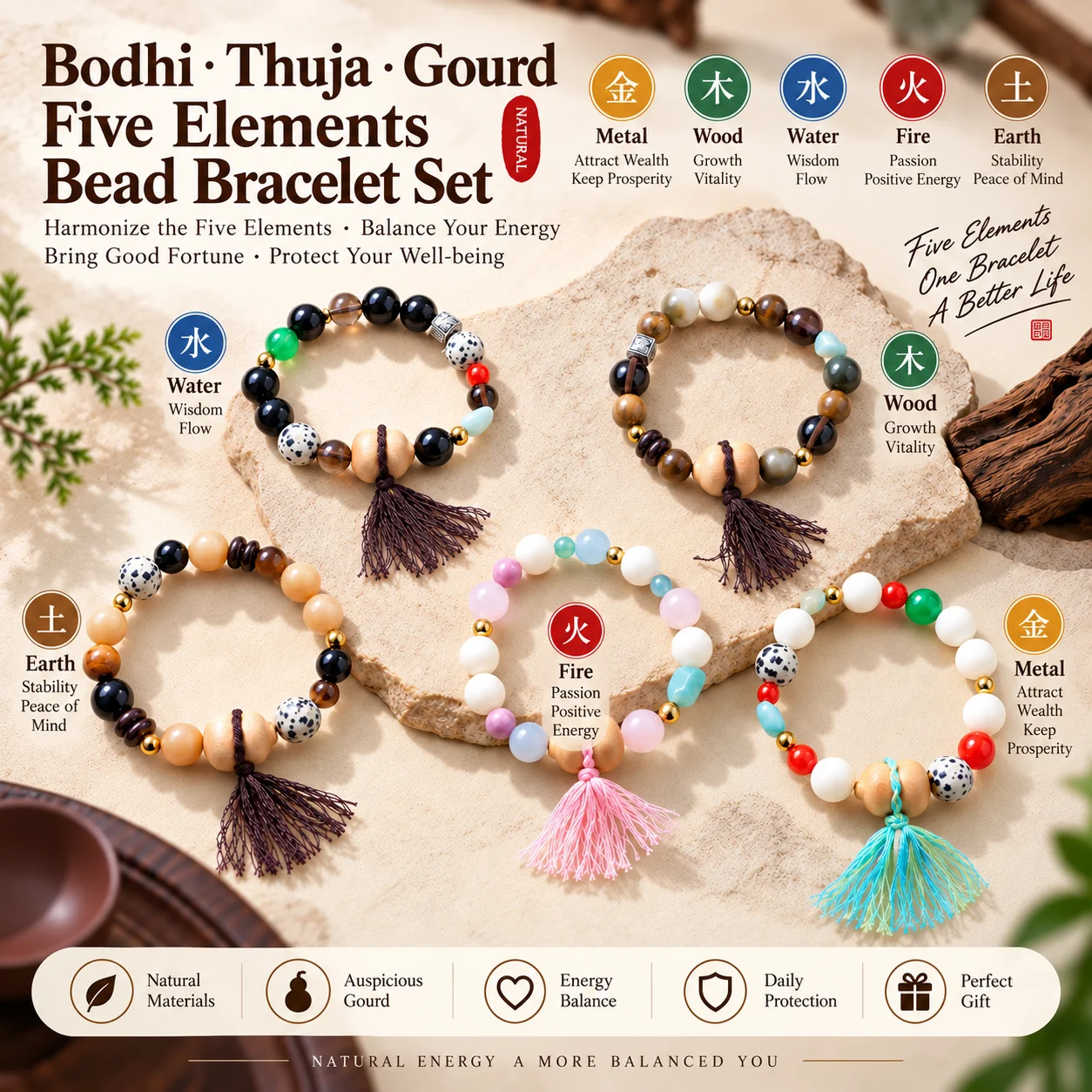 Natural Bodhi Seed Ice Obsidian Cliff Cypress Wood Gourd MultiStone Bracelet Five Elements Balance Good Luck Unisex Jewelry Gift