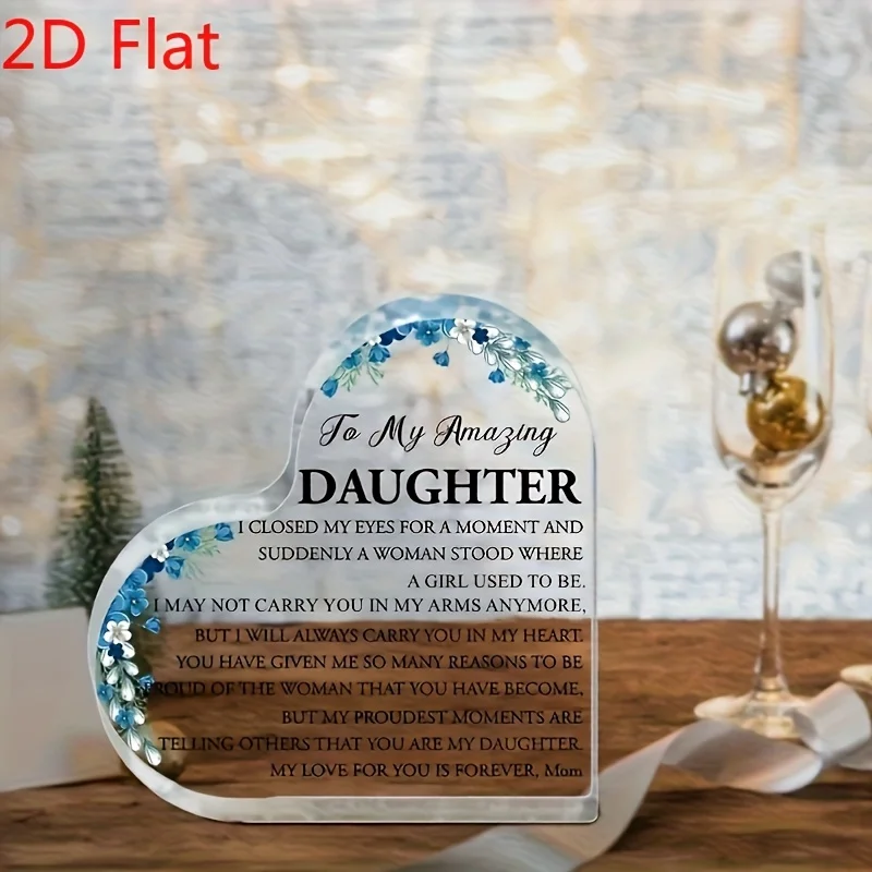 To My Amazing Daughter Heart‑Shaped Acrylic Tabletop Plaque, Blue Floral Mom Sentimental Desk Keepsake Gift