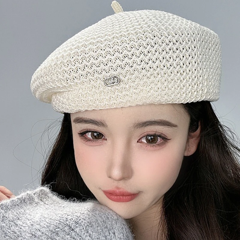 Women Fixed Pleated Straw Beret Summer Knit Breathable Big Artist Fashion Painter Hat
