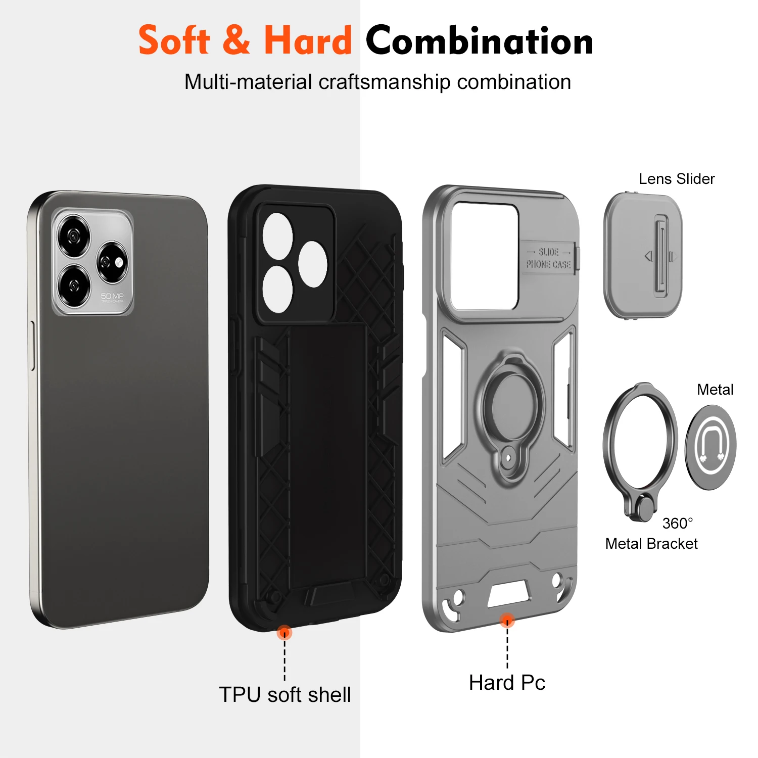 For ZTE Blade A56 Sliding Window Metal Finger Holder Case for ZTE Axon 60 Lite 60 Shockproof Armor Protect Cover view 6