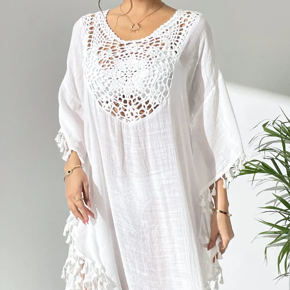 Square Neck Summer Sunscreen Smock Loose Hollow Out Beachwear Shirt Vacation Bathing Suit Swimsuit Cover Up Dress for Women