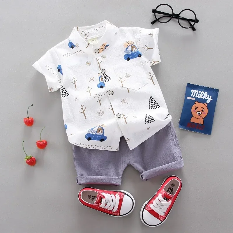 Summer Toddler Set Children Print Bear Short Sleeved Shirt Shorts Sets Baby Boys Outdoor Standing Collar Tops Fashion Kids Suit